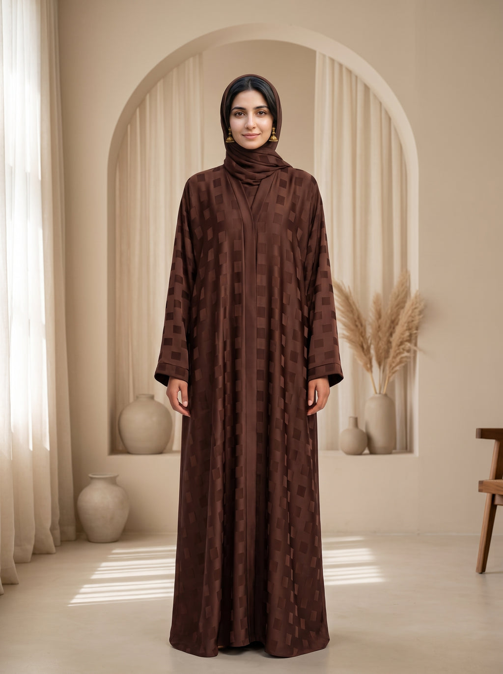 Premium Dark Brown Textured Abaya with Matching Hijab