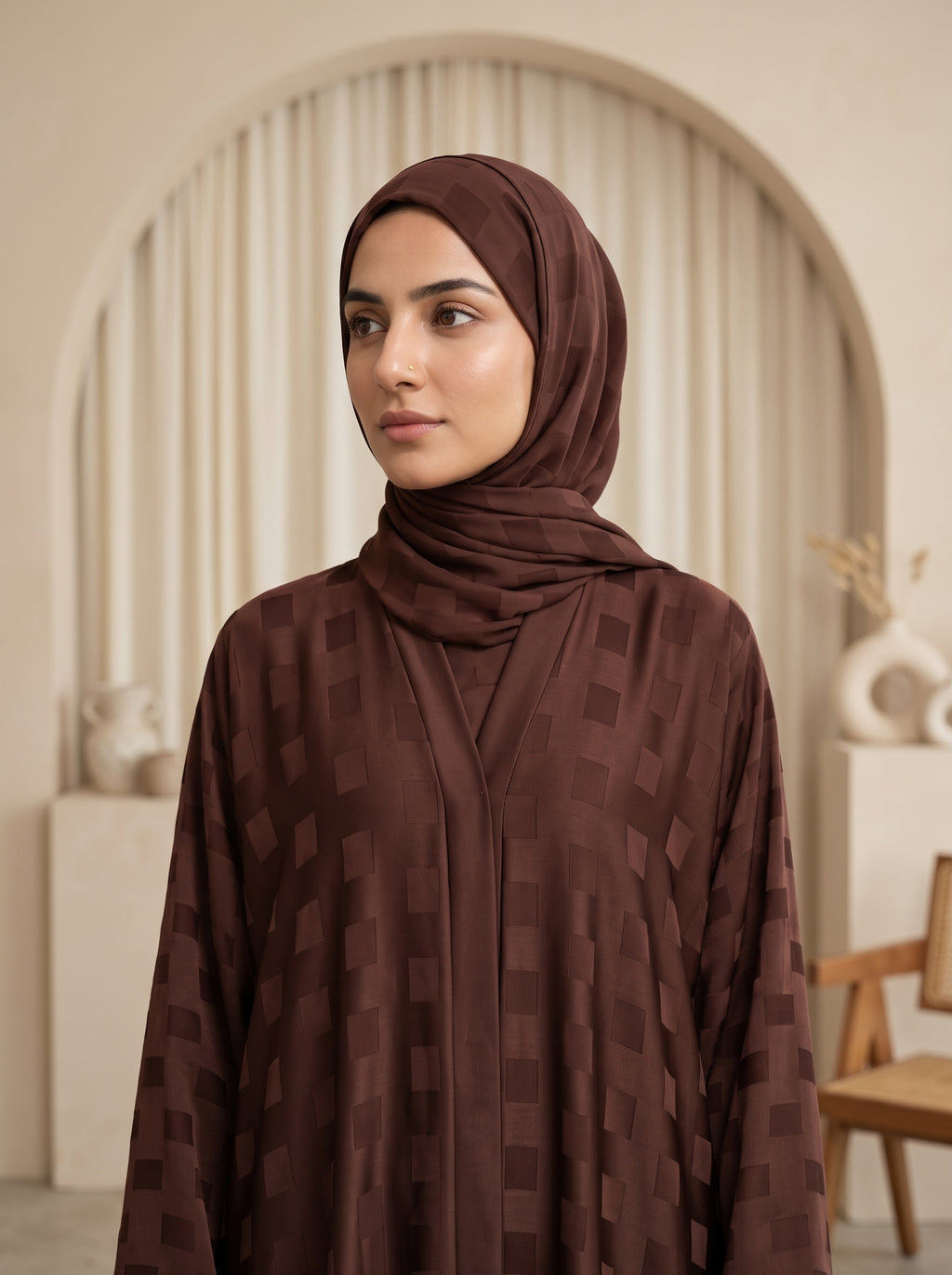 Premium Dark Brown Textured Abaya with Matching Hijab
