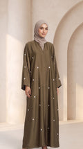 Luxury Olive Drab Crystal Embellished Abaya Set with Hijab