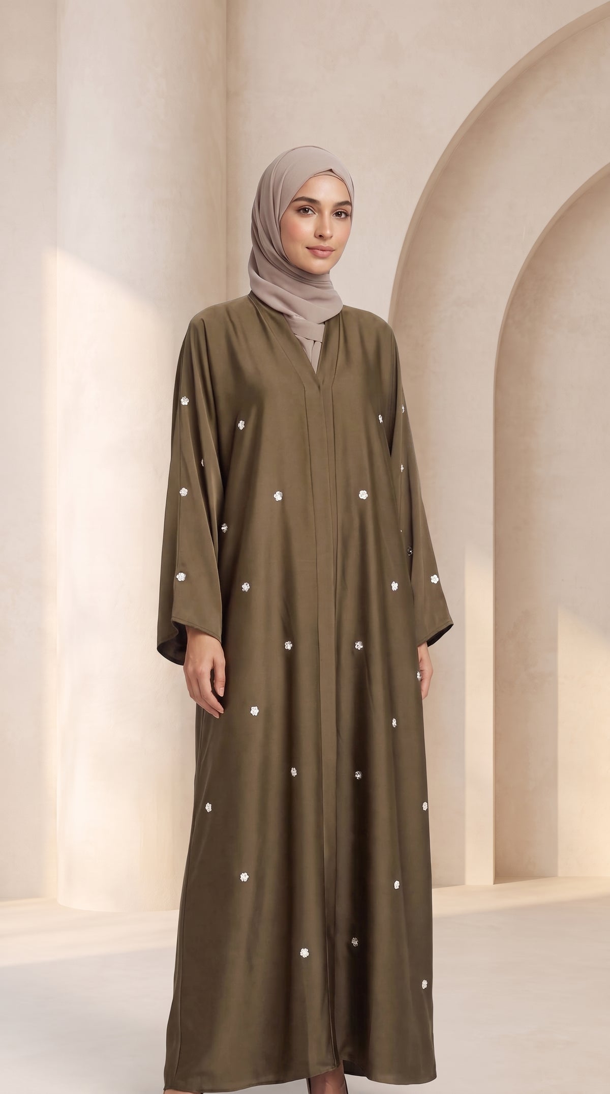 Luxury Olive Drab Crystal Embellished Abaya Set with Hijab