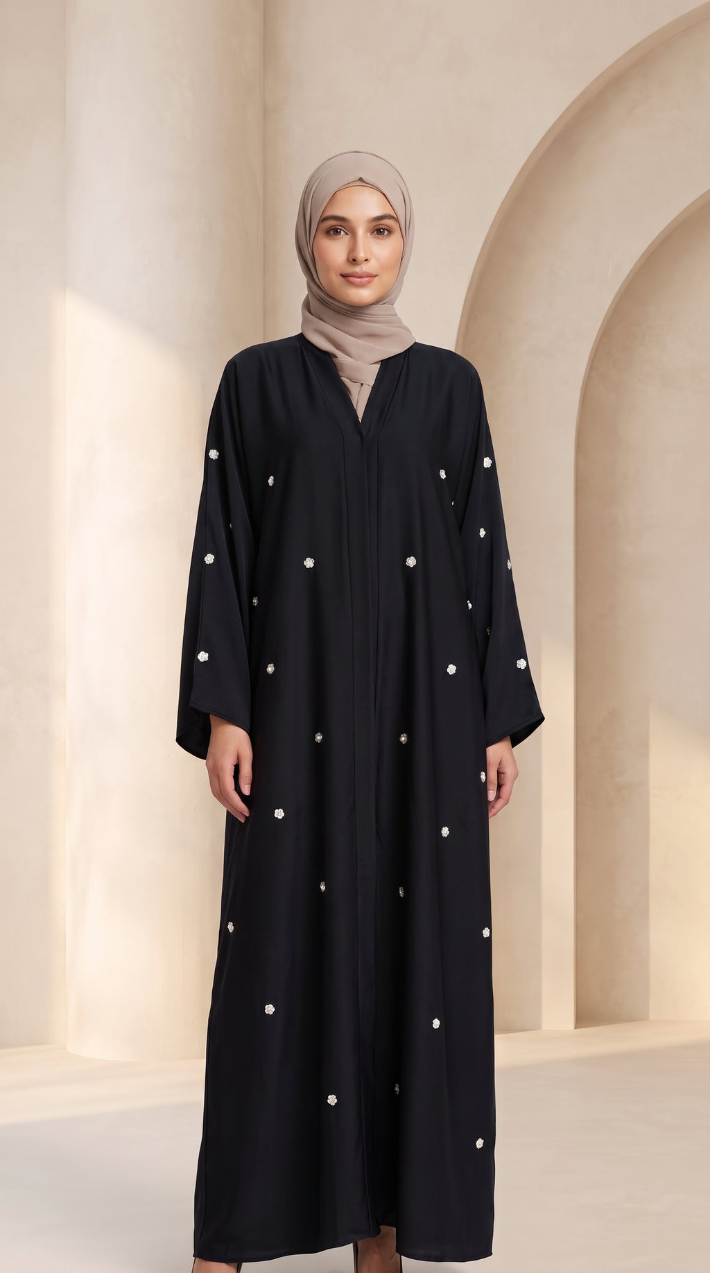 Luxury Black Crystal Embellished Abaya Set with Hijab