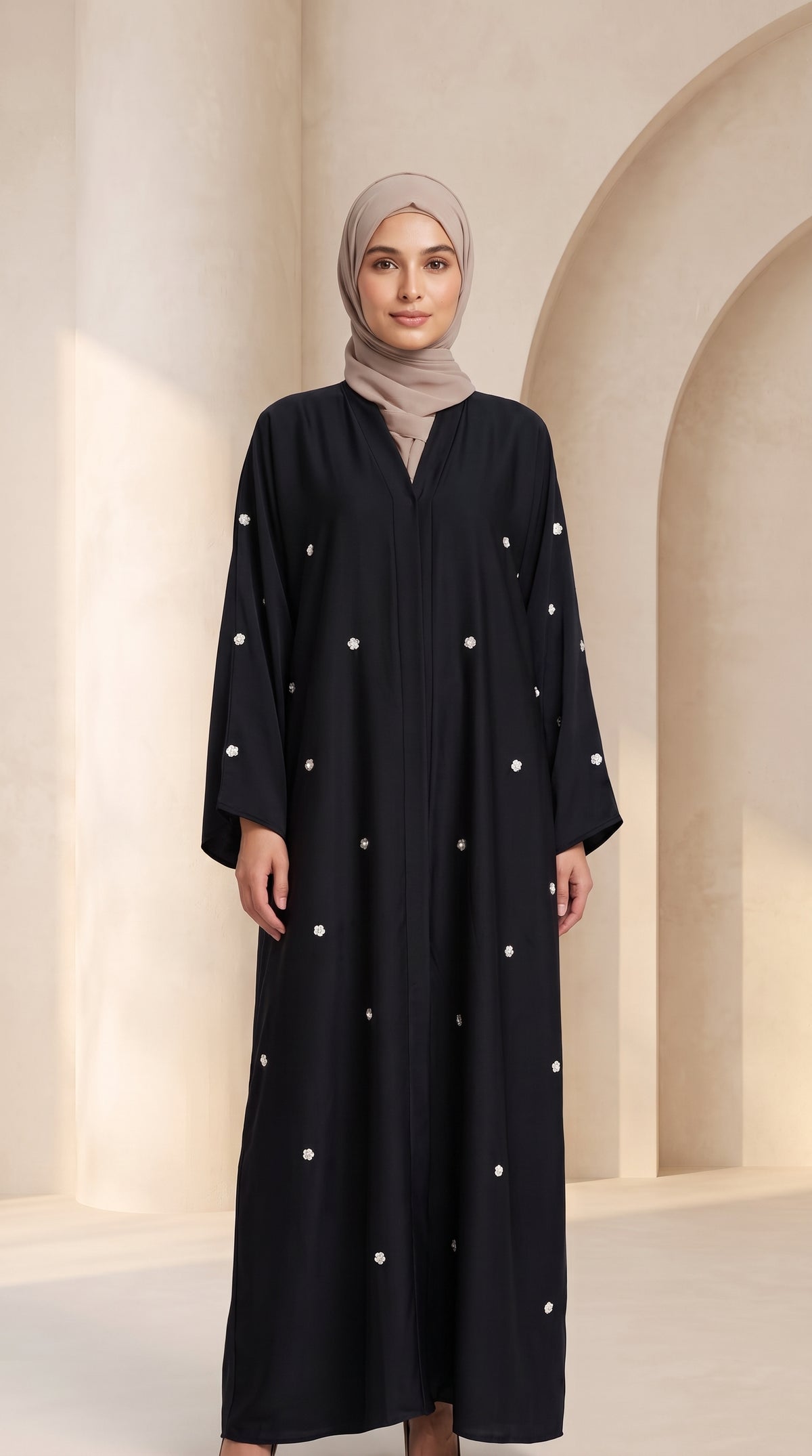 Luxury Black Crystal Embellished Abaya Set with Hijab