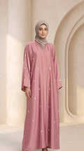 Luxury Muted Pink Crystal Embellished Abaya Set with Hijab