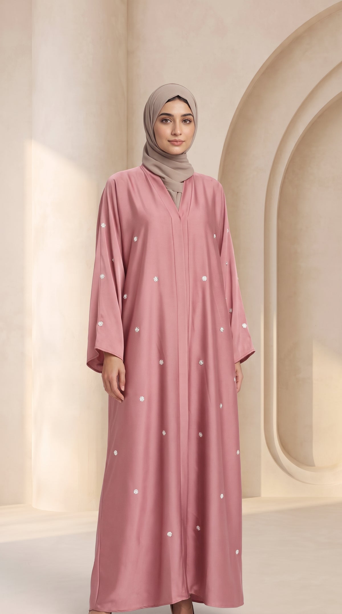 Luxury Muted Pink Crystal Embellished Abaya Set with Hijab
